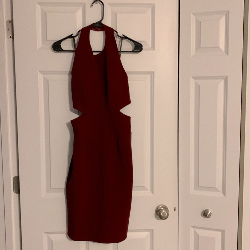 Burgundy/maroon halter cut out, midi dress. Open/tie back